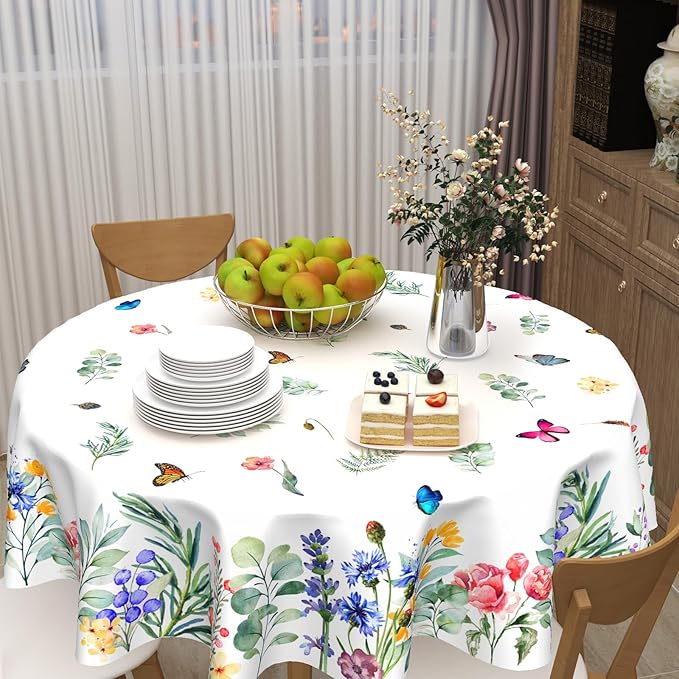 Spring Summer Floral Round Tablecloth 60 Inch Wildflower Butterfly Table Cloth Washable Farmhouse Table Covers Holiday Table Cover for Kitchen Party Dinner Home Decor
