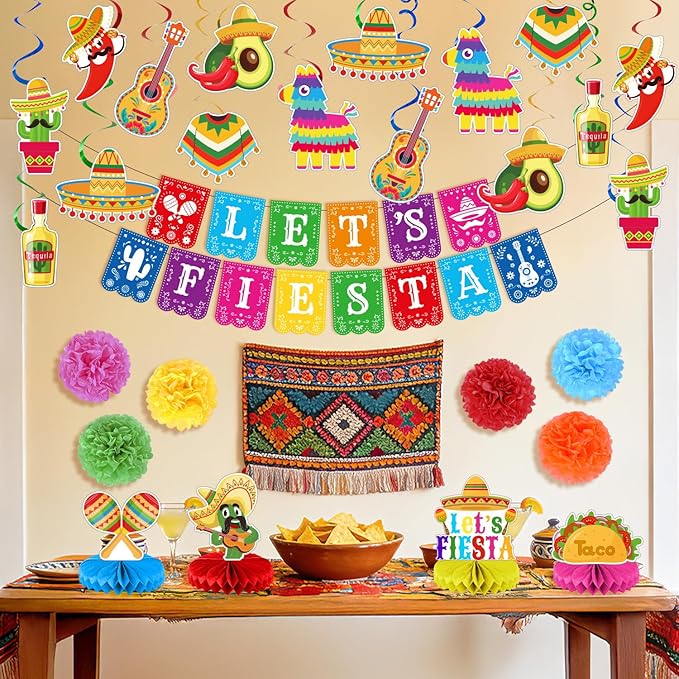 Mexican Fiesta Party Decorations Set - 27 PCS Let's Fiesta Banner, Colorful Paper Pom Poms, Hanging Swirls & Table Centerpieces - Perfect for Cinco de Mayo, Taco Tuesday, Birthday & Graduation