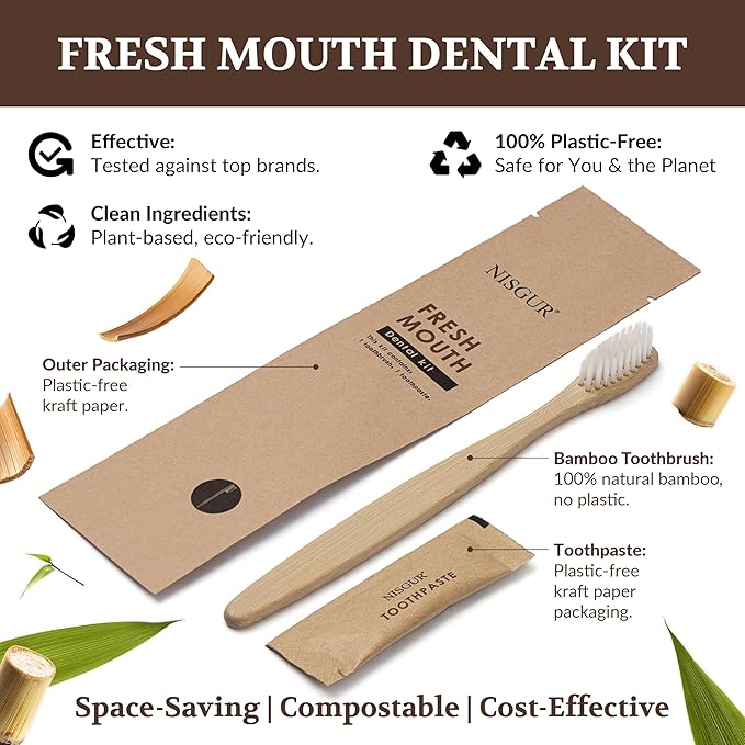 Disposable Toothbrush with Toothpaste Kit 100 Pack Bamboo Toothbrush with Pre-Pasted Set Eco and Non Plastic Individually Wrapped Hotel Supplies and Toiletries for Guests