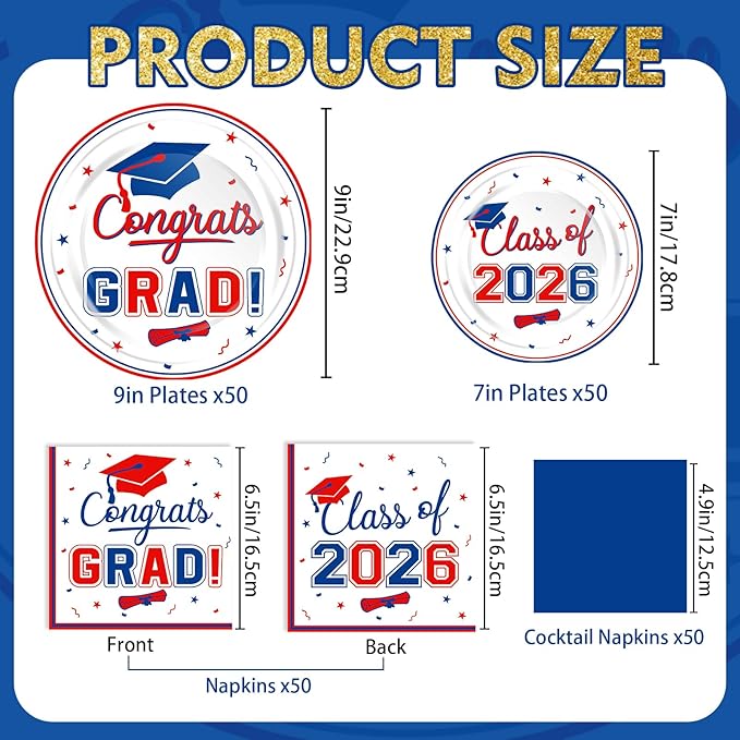 200 Pcs Graduation Table Decorations Party Supplies - Red Blue Graduation Plates and Napkins Class of 2026 Disposable Dinnerware Set for College High School Congrats Grad Party Favors, Serve 50