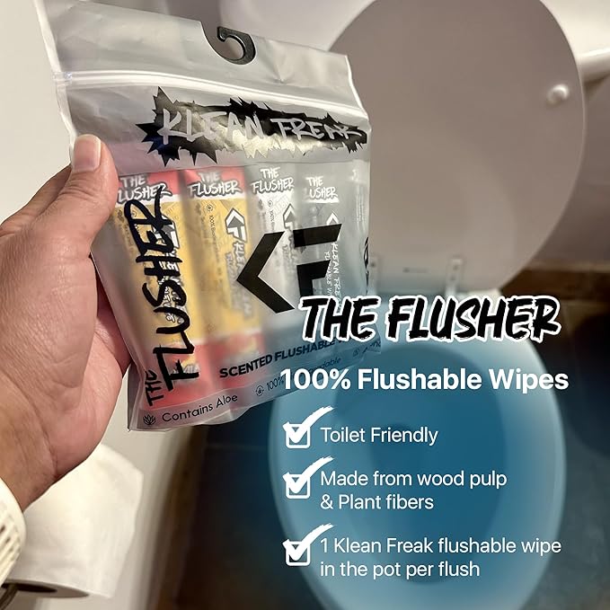 THE KLEAN FREAK FLUSHER - Flushable Wipes For Adults & Kids - 100% BIODEGRADABLE Individual Wrapped Travel WET Wipe for Toilet - Soothing Aloe & Witch Hazel - Alcohol Free 20 Pack - Kascade Pine