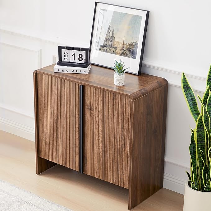 BERRYMERRY 2 Door Fluted Sideboard Buffet Cabinet with Storage, Modern Wood Cabinet with Adjustable Shelves for Living Room, Dining Room (Brown 6 Doors)