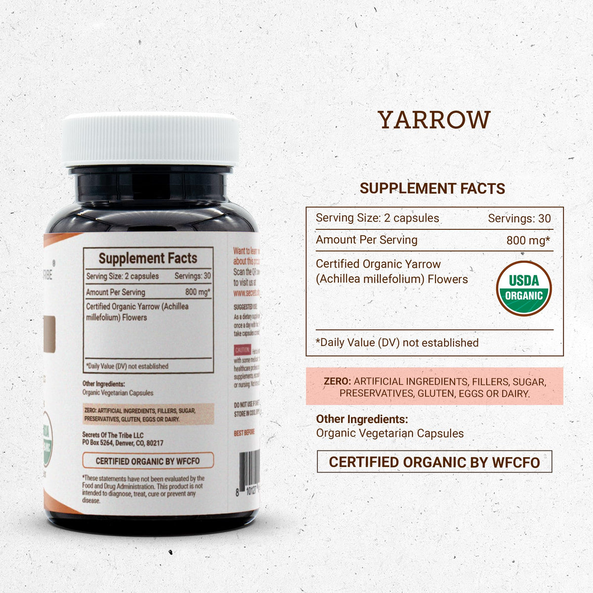 Yarrow 60 Capsules, Made with Vegetable Capsules and USDA Organic Achillea millefolium Soothes the Body/Stress Relief (60 Capsules)
