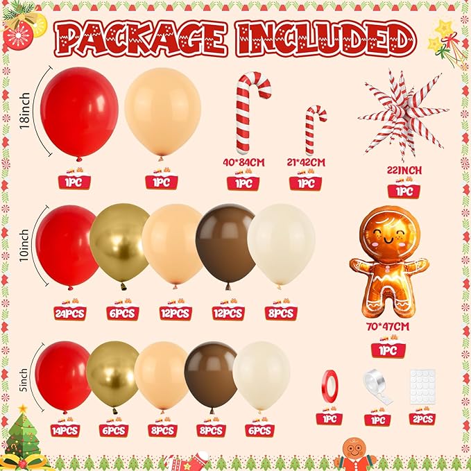 FunHot Christmas Balloon Arch Kit, Xmas Beige Red Balloon Garland, Apricot Brown Red Metallic Gold Latex Balloons with Gingerbread Man Candy Cane Star Foil Balloons for Christmas Party Decorations