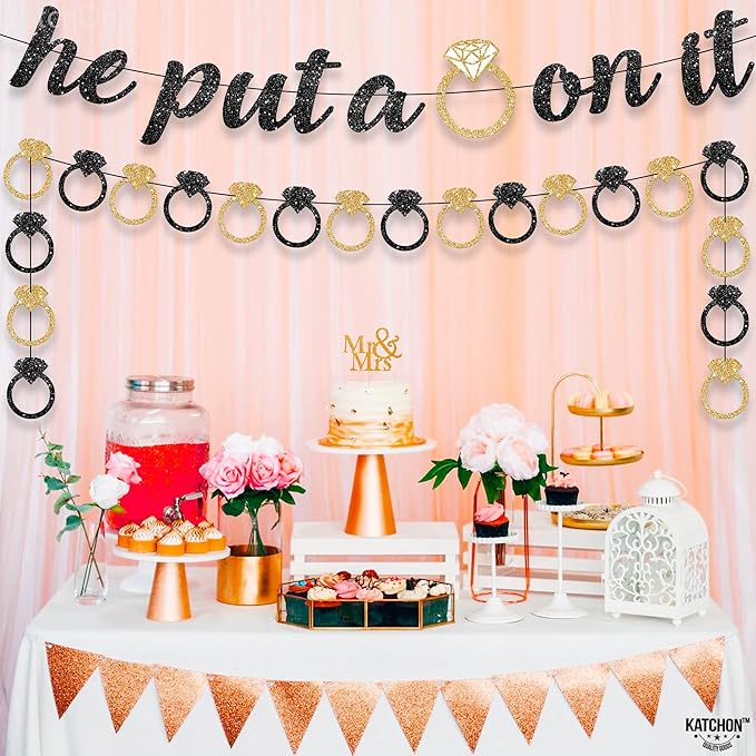 KatchOn, He Put a Ring On It Banner - 10 Feet, No DIY | Black and Gold Engagement Party Decorations | He Put A Ring On It Sign for Bachelorette Party Decorations, Bridal Shower Decorations