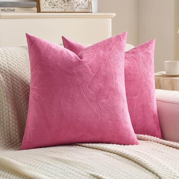 FUTEI Hot Pink Velvet Throw Pillow Covers 24x24 Inch Set of 2,Soft Embossed Leaf-Relief Textured European Cushion Cases,Natural Home Decor for Couch Living Room