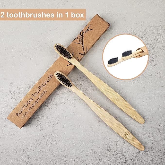 SEVENHEAD 2 PCS Bamboo Toothbrushes With Soft Bristles for Adults - Natural Biodegradable BPA Free Eco-Friendly Wooden Black Toothbrush