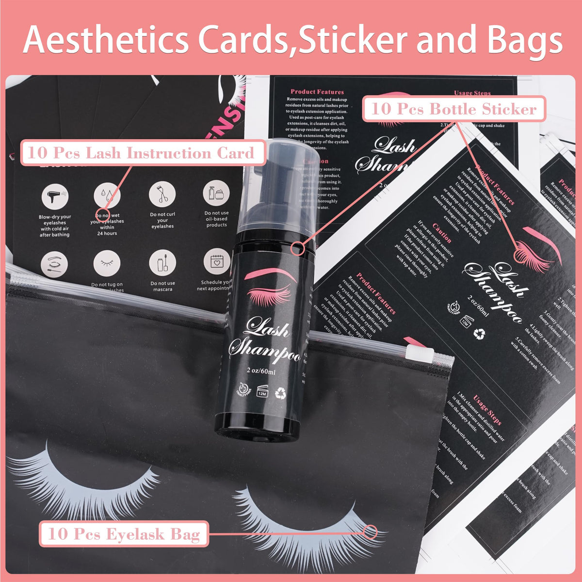 60pcs Lash Extension Cleaning Kit for Clients,10pcs Lash Brushes,10pcs Eyelash Cleaning Brush with Tubes,10pcs Lash Bottles,10pcs Eyelash Bags,10pcs Lash Shampoo Stickers,10pcs instruction card(Black)