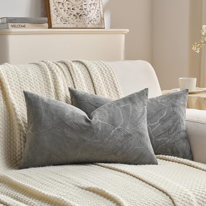FUTEI Dark Grey Velvet Throw Pillow Covers 12x20 Inch Set of 2,Soft Embossed Leaf-Relief Textured Lumbar Pillow Cases,Natural Home Decor for Couch Living Room