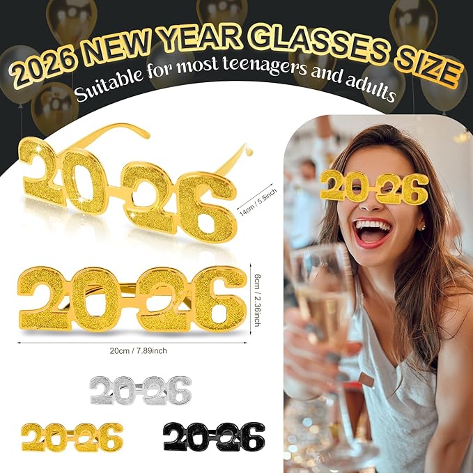 2026 Plastic Glasses Happy New Year Glitter Eyeglasses for 2026 Party New Year Eve Costume Photo Prop Supplies