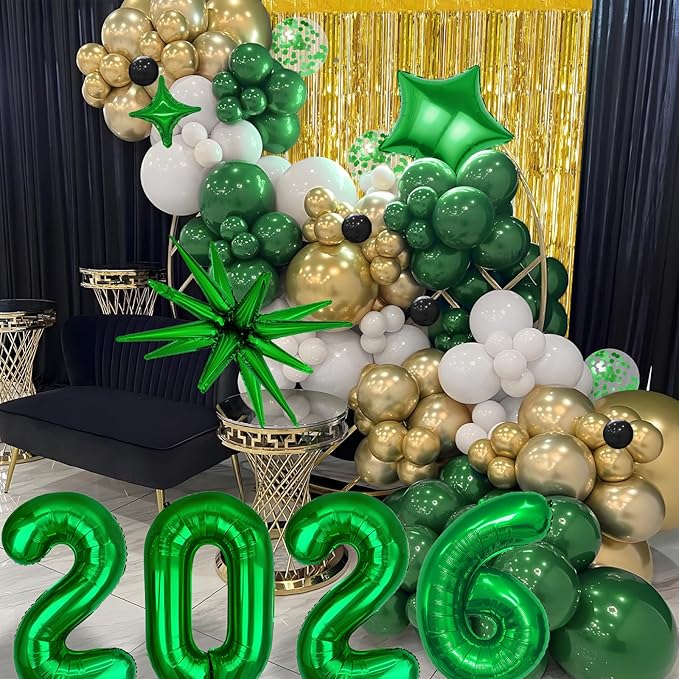 Graduation Balloon Garland Arch Kit for Graduation Decorations Class of 2026 - Dark Green Gold and White Balloon Different Sizes 5 12 18 Inch Graduations Balloons Arch for Grad Party Supplies