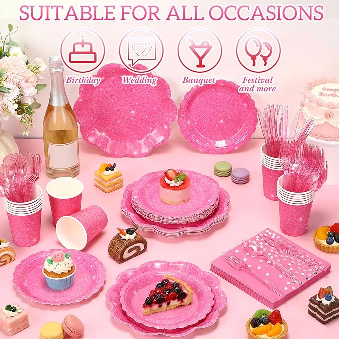 Hushee 175 Pcs Hot Pink Holographic Print Party 25 Guests Disposable Dinnerware Set Include Paper Plates, Napkins, Paper Cups, Plastic Tableware for Birthday Party