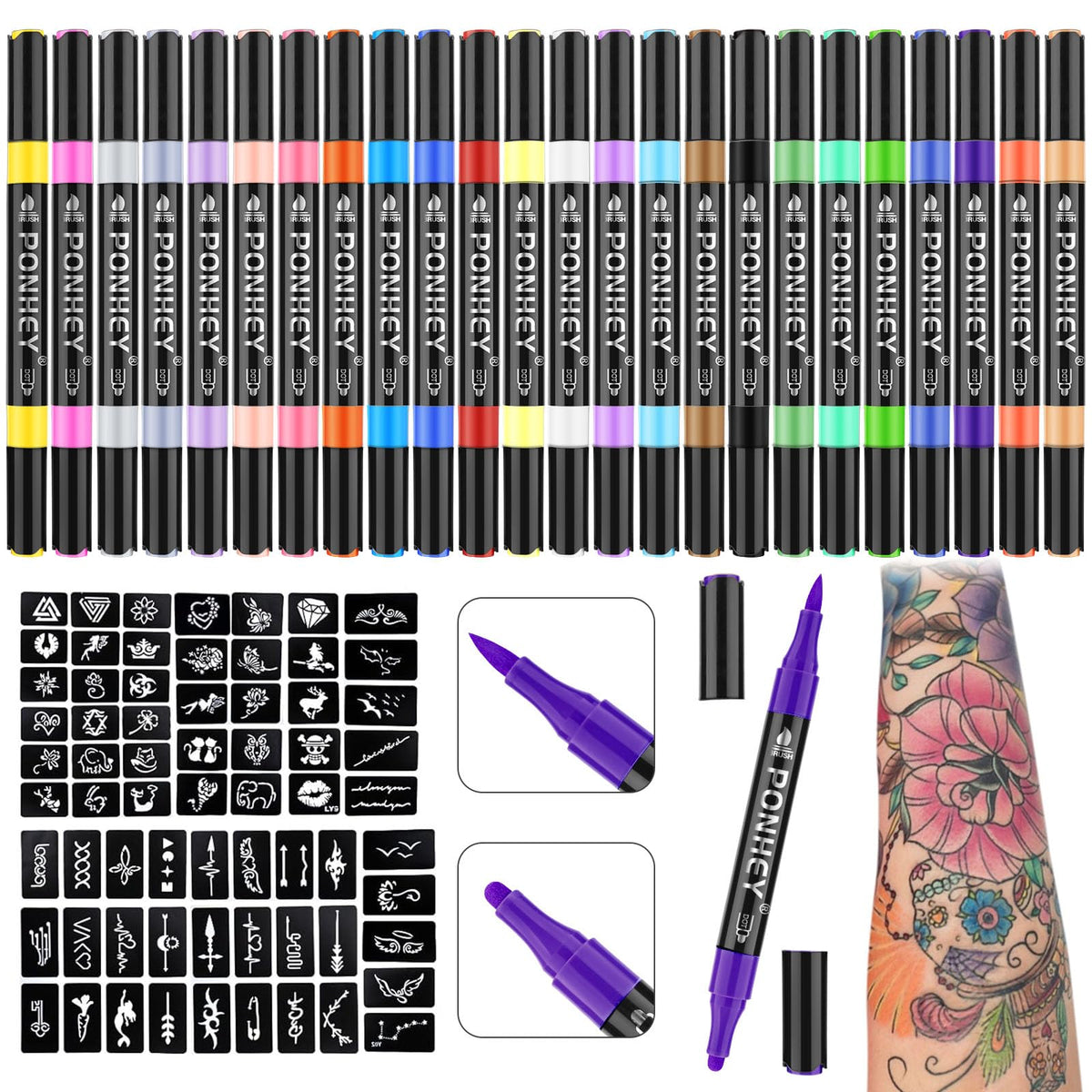 Ponhey Temporary Tattoo Markers for Skin, 24 Body Markers+67 Large Tattoo Stencils,Dual-End Tattoo Pens,Fine Lines with Cosmetic-Grade,Flexible, Skin-Safe Face Paint Kit for Kids Teenage Adults