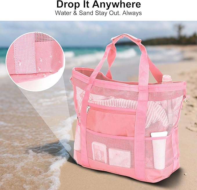 Mesh Beach Bags for Family - Women Beach Tote Bag for Toys, Towels, Travel Vacation Cruise Essentials
