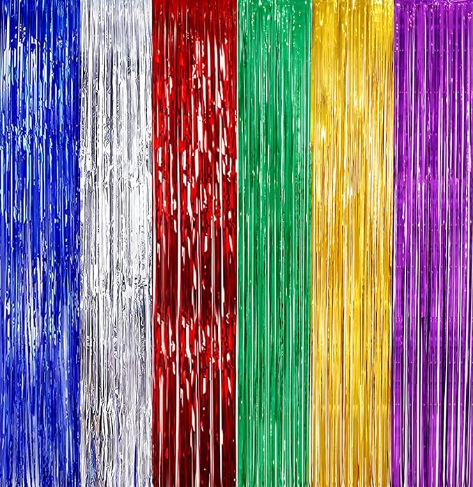 2 Pack 3.3ft×6.6ft Rainbow Photo Backdrop Tinsel Foil Fringe Curtains Backdrop Door Streamers Birthday Mardi 4th of July Party Decoration