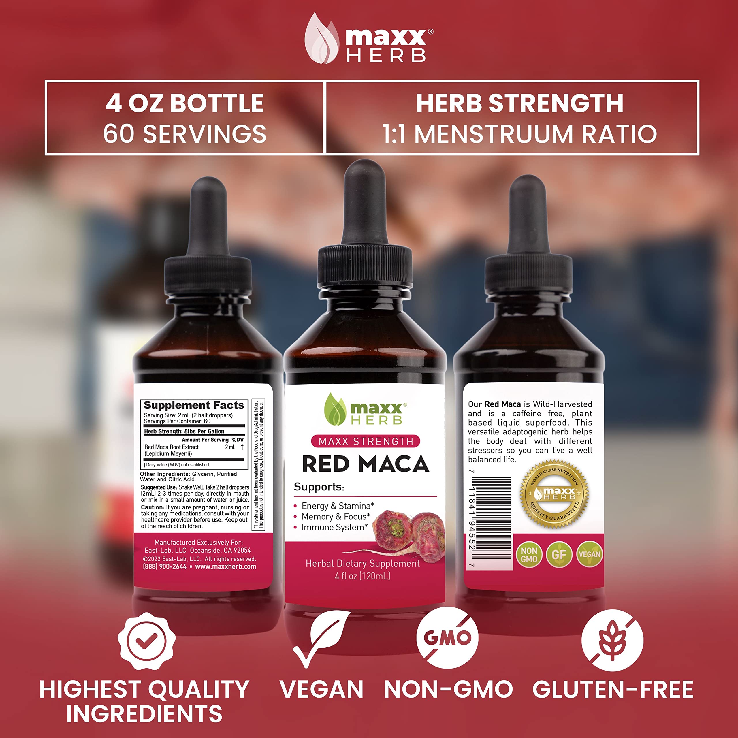 Maxx Herb Red Maca Root Extract - Max Strength Liquid Drops Absorb Better Than Powder or Capsules, for Stamina, Memory and Focus - 4 Oz Bottle (60 Servings)