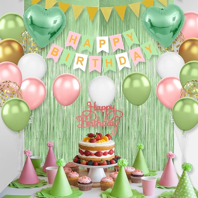 Sage Green Pink Birthday Decorations,Happy Birthday Banner Olive Green Retro Pink Balloons Fringe Curtain Heart Foil Balloons for Women Girl Boys Baby Shower