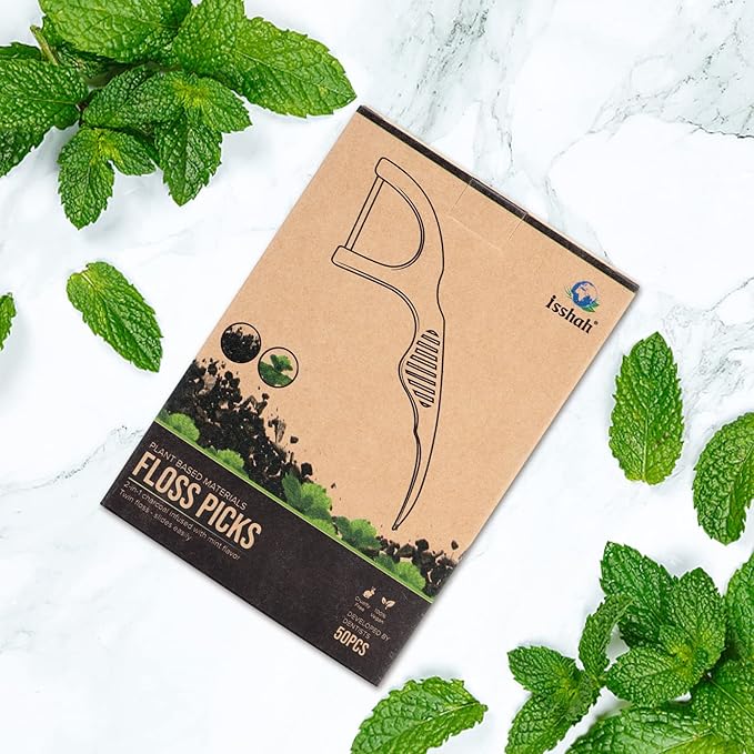 Natural Dental Floss Picks (300 Count) - Kraft Paper Box Packaging, Plant Based, PETA Approved Vegan, Eco Friendly, Sustainable Dental Flossers - Twin Floss (Charcoal)