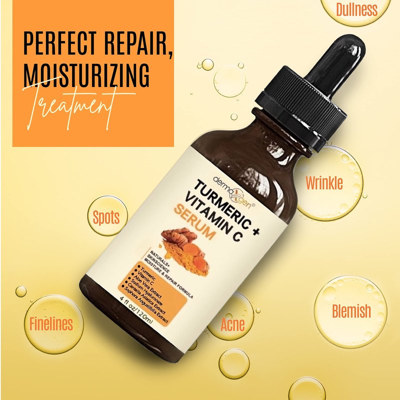 Turmeric Serum for Face + Glow-Boosting Vitamin C Serum –Organic Moisturizer for Acne, Dark Spots & Clear Skin– Boosts Hydration for Dry & Tired Skin – Anti-Aging Formula for Glowing Skin, 4 FL OZ