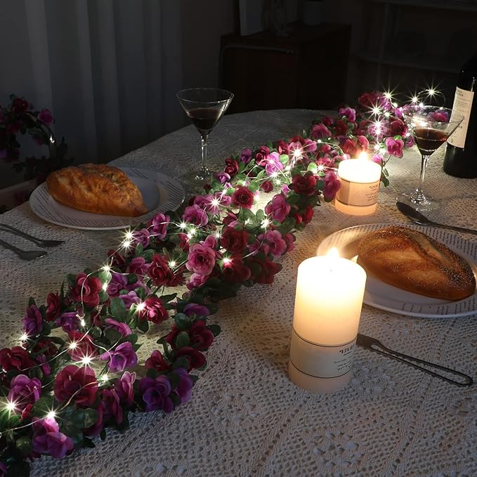 MARTINE MALL Flower Garland Rose Vines, 5 Strands 41Ft Flowers Vines for Bedroom with 33 Ft/100 LED String Lights, Rose Flower Garland Decoration, Rose Floral Garland for Room Table Wedding Decor