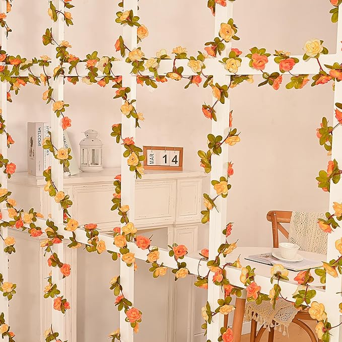 MARTINE MALL Flower Vines, 5 Strands 41Ft Rose Vines for Bedroom, Champagne and Orange Floral Garland for Room Birthday Wedding Party Garden Wall Decor