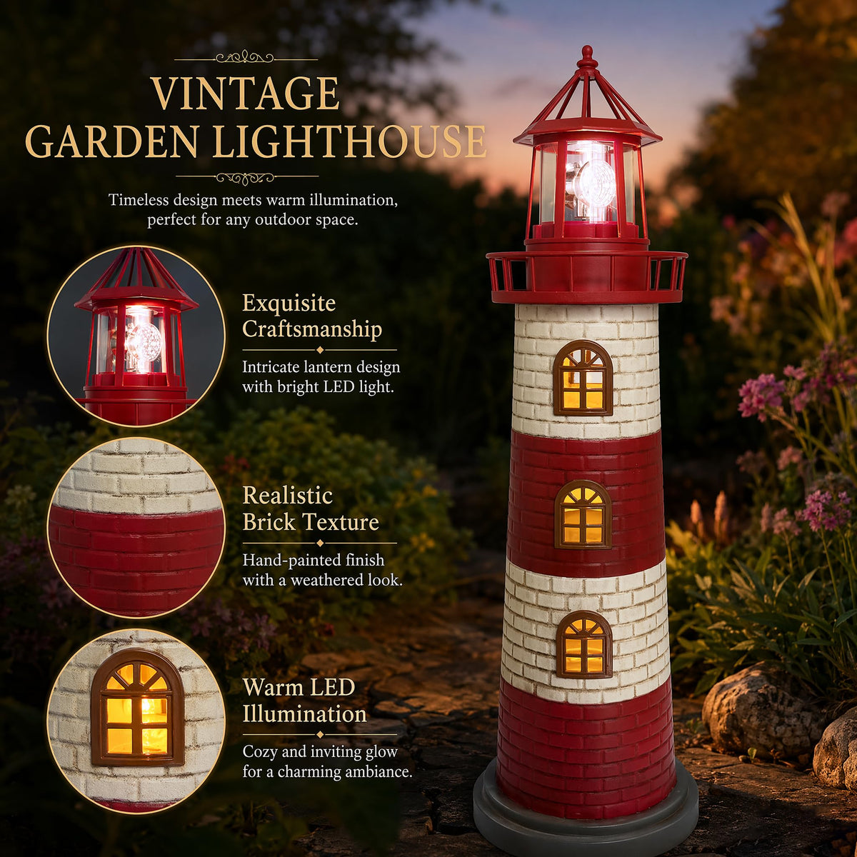 Large Garden Statues 23" Coastal Solar Lighthouse Garden Decor for Outside