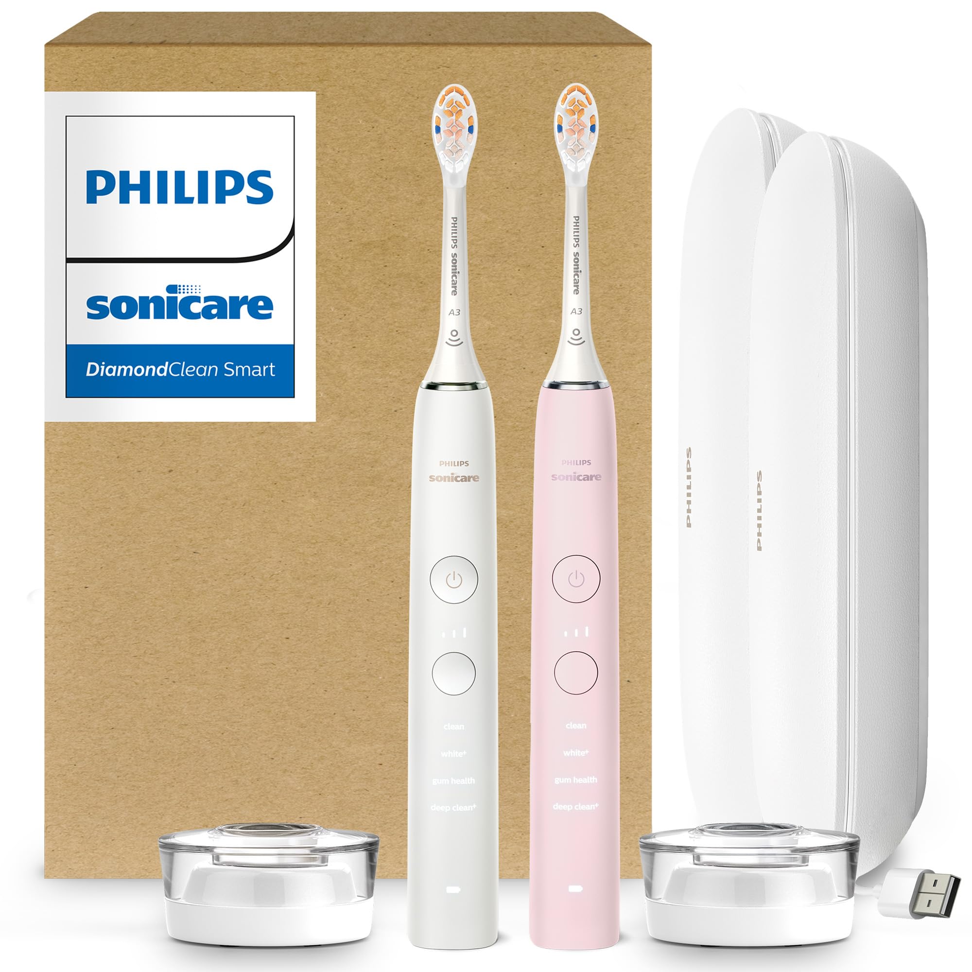 Philips Sonicare DiamondClean 9000 Electric Toothbrush - Sonic Toothbrush with App, Pressure Sensor, 12 Brushing Settings, Replacement Reminder, Charging Travel Case, White & Pink, 2-Pack, HX9912/72