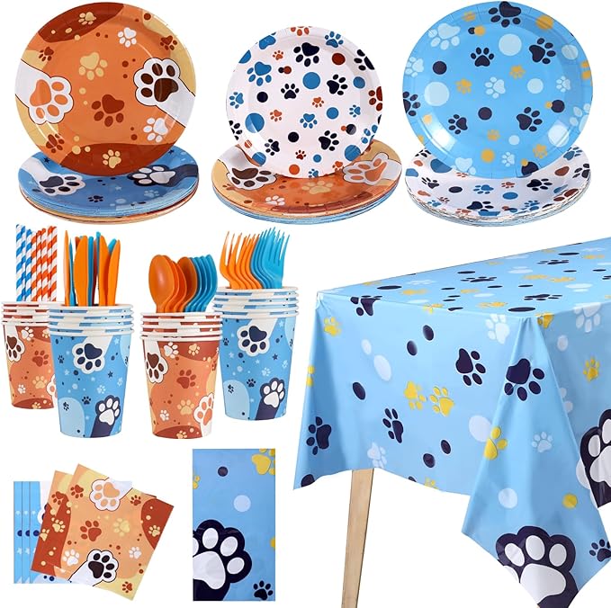 Cute Blue Dog Birthday Party Supplies Serves 20 Guests, 161CT Blue&Orange Dog Paw Print Party Dinnerware Dcorations, Pretty Puppy Plate, Tablecloth, Napkin, Cup for Birthday, Kids’Party, Baby Shower