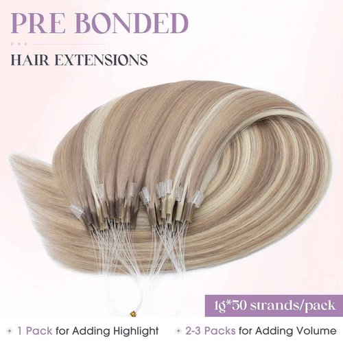 Elailite K Tip Hair Extensions Human Hair Real Remy Hair Ash Blonde & Bleach Blonde 20 Inch U Tip Ktip Utip Keratin Bond Hot Fusion Pre Bonded Hair Extensions for Women 50G 50Strands
