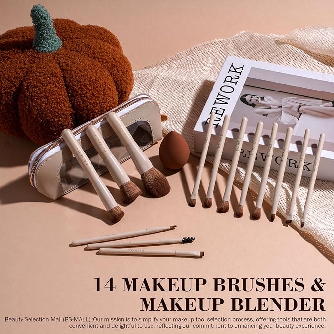 BS-MALL 14 Pcs Makeup Brushes Set with 1 Pcs Makeup Sponge – Essential Foundation Powder Concealers, Eye Shadows, Blush Makeup Brushes with Travel Makeup Case (Beige)