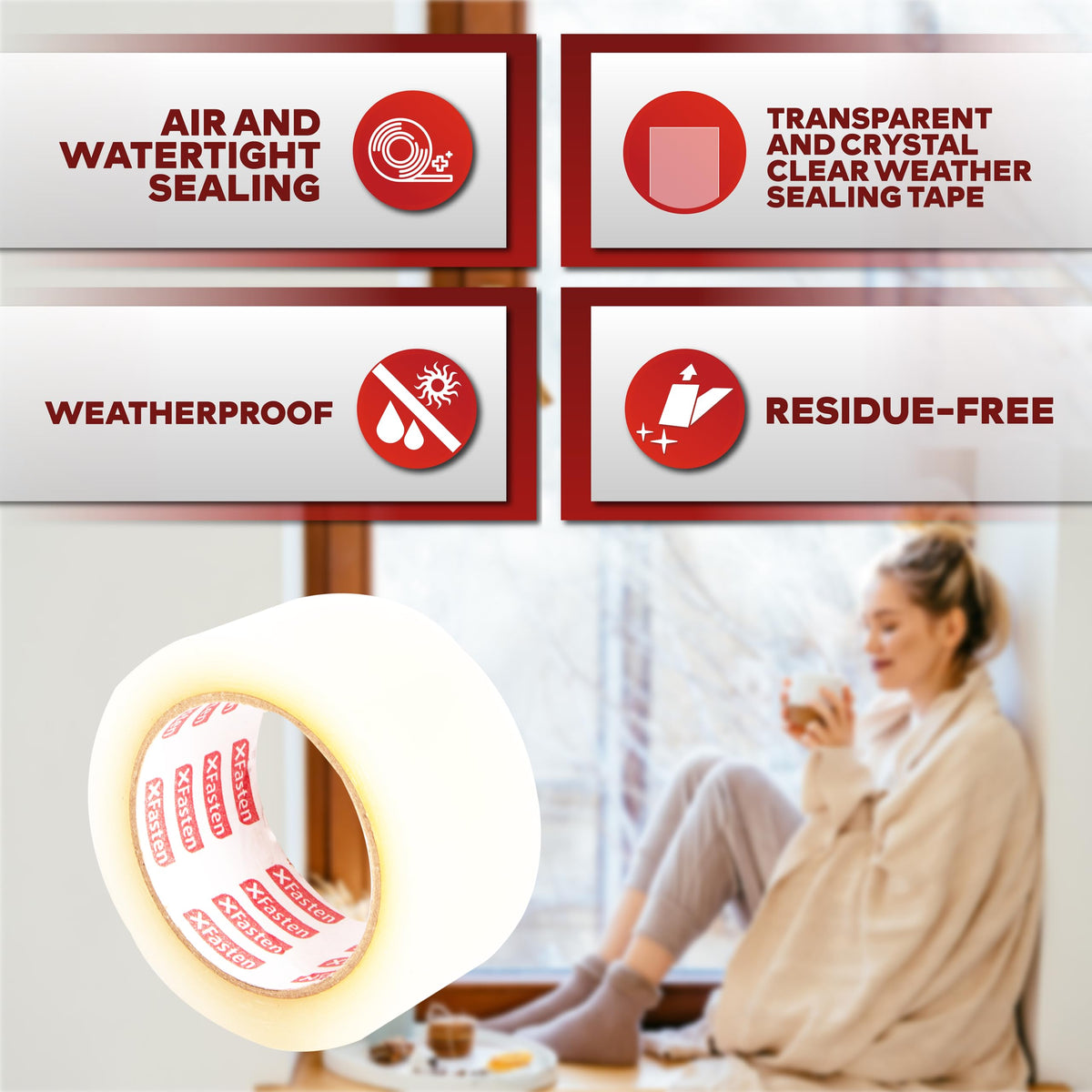 XFasten Transparent Window Weather Stripping Tape 2”x30yds (3-Pack Total 90yds), No Residue Insulation Tape for Windows and Doors, Winter Window Seal