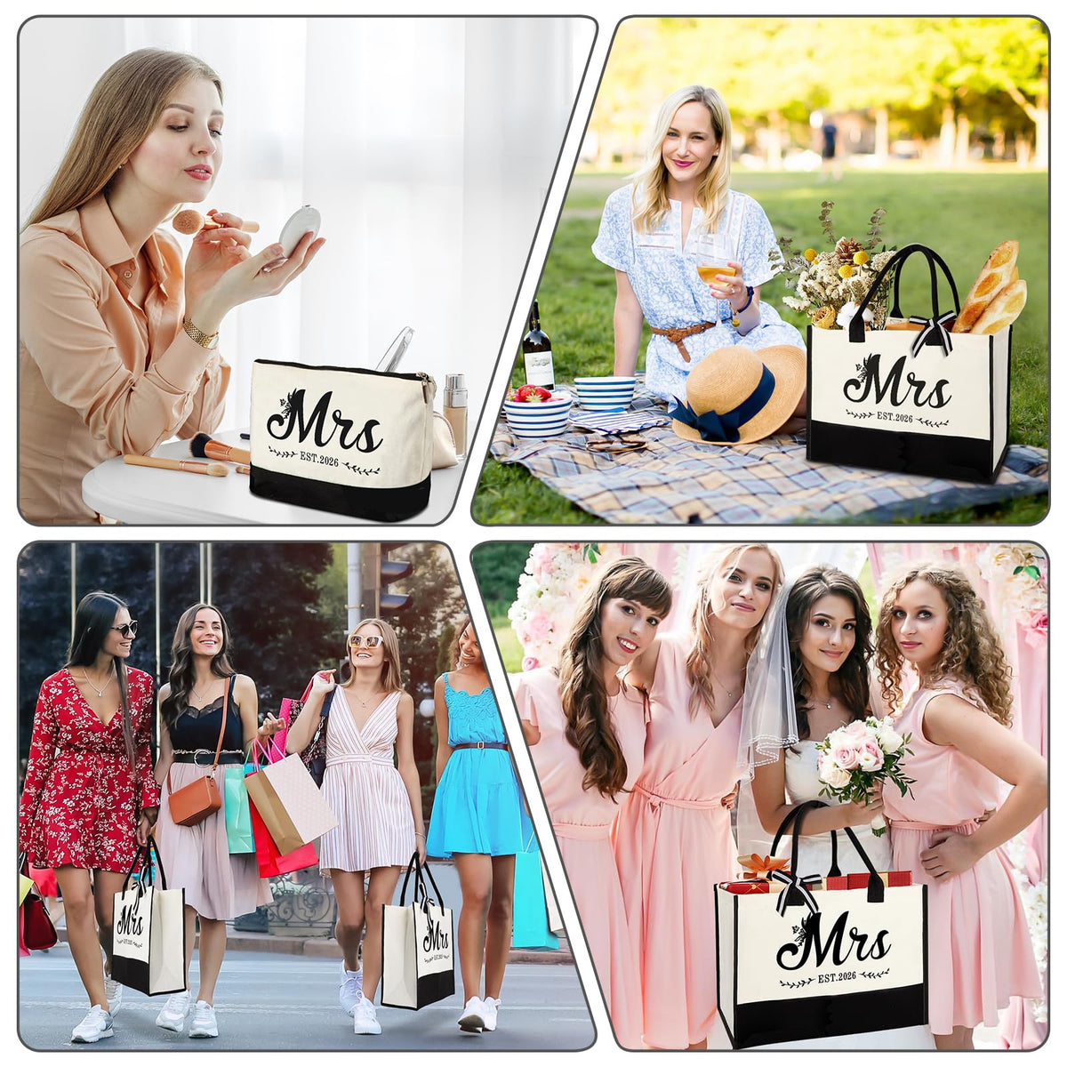 Mrs 2026 Bride Canvas Tote Bag with Makeup Bag, Wedding Bridal Shower Gifts