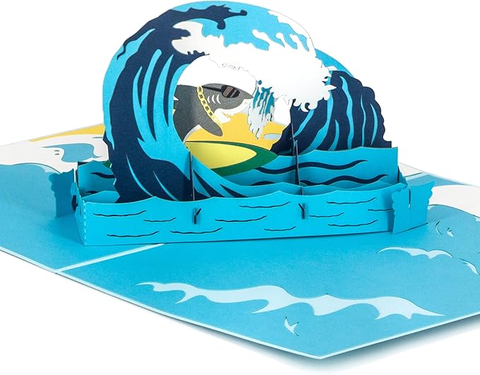Ribbli Surfing Shark Pop Up Card for All Occasion, Birthday Cards, Fathers Day Card, Handmade 3D Sport Gift for Him Men Dad Husband Boyfriend Brother Boy Son Kid, with Envelope