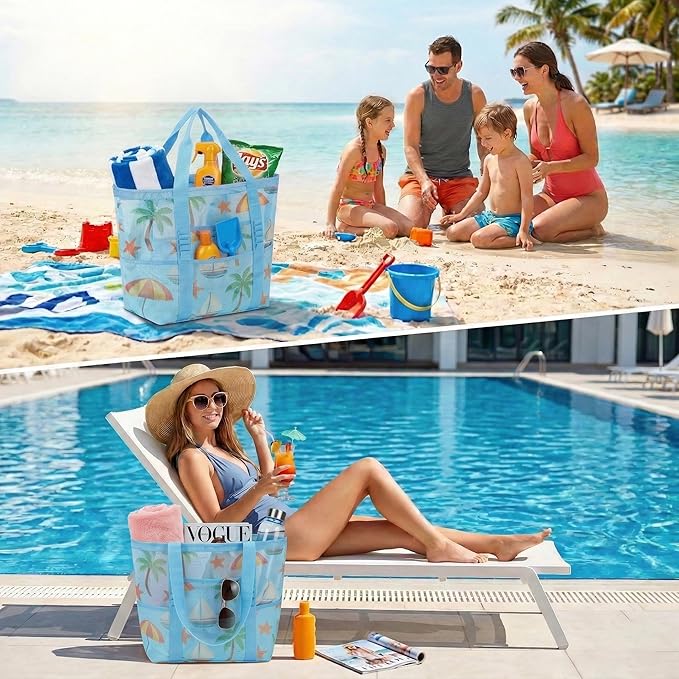 Mesh Beach Bags for Family - Women Beach Tote Bag for Toys, Towels, Travel Vacation Cruise Essentials