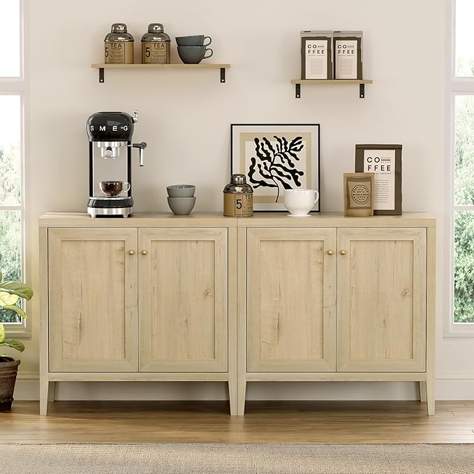 Sideboard Buffet Cabinets Set of 3 with Adjusable Shelves, Farmhouse Storage Cabinet, Credenza, Accent Cabinet, Kitchen Coffee Bar Console Table for Living Dining Room, Light Oak