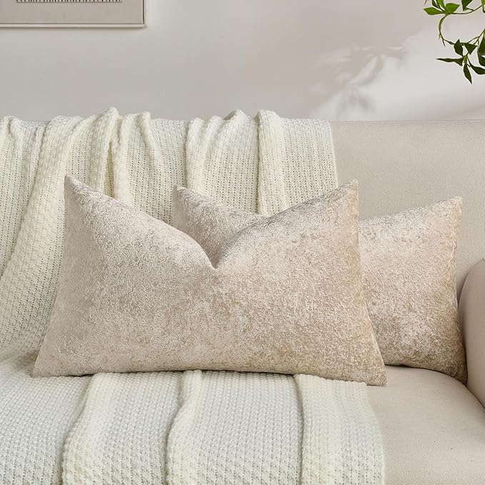 FUTEI Beige Flannel Throw Pillow Covers 12x20 Inch Set of 2,Soft Dimensional Textured Lumbar Pillow Cases,Modern Home Decor for Couch Living Room