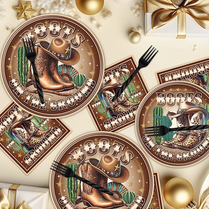 Rakuto Boots on the Ground Decorations, 96PCS Western Cowboy Party Brown Disposable Paper Plates and Napkins Decoration, Boots on the Ground Birthday Forks Table Decor Serve 24