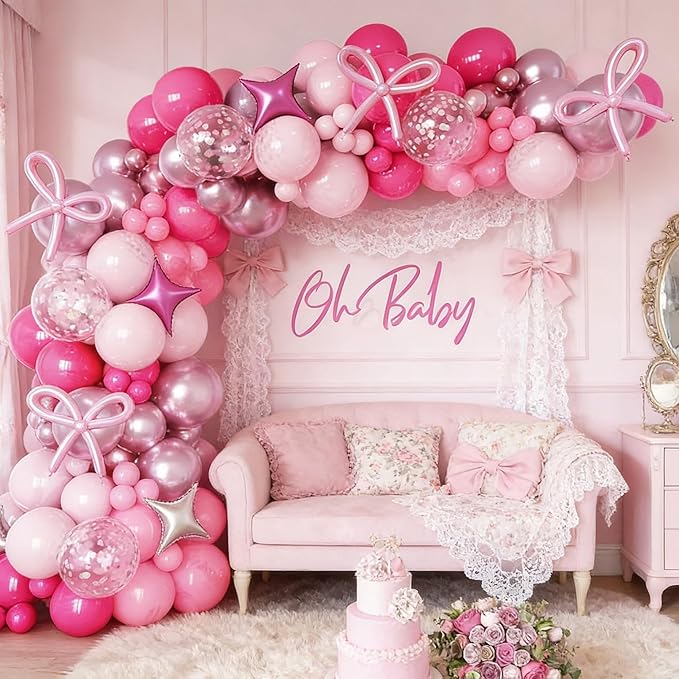 Hot Pink Balloons Garland Arch Kit, Metallic Chrome Magenta Balloon Happy Birthday Decorations Baby Dark Pink Silver Star Confetti Balloons for Girls Birthday Princess Wedding Baby Shower Party Decor