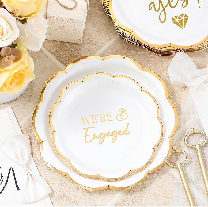 Yungyan 50 Pack Engagement Paper Plates White and Gold Engagement Party Decorations 7" 9" Gilded Edge He Asked She Said Yes We're Engaged Plates for Wedding Birthday Party Bridal Shower Supplies