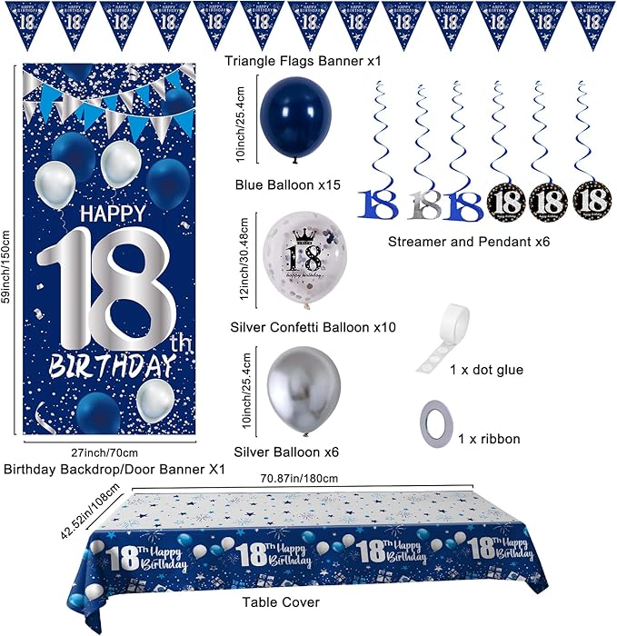 18th Birthday Decorations for Boys Girls, Blue Silver Happy 18th Birthday Decorations Set with 18th Birthday Backdrop Banner Tablecloth Balloons Triangle Flag, 18 Year Old Men Party Decor Supplies