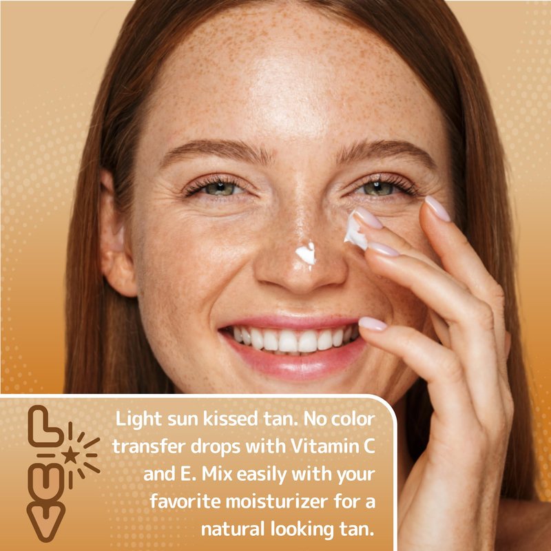 L-UV lit drops! Light sun kissed tan. No color transfer drops with Vitamin C and E. Mix easily with your favorite moisturizer for a natural and flawless looking tan.