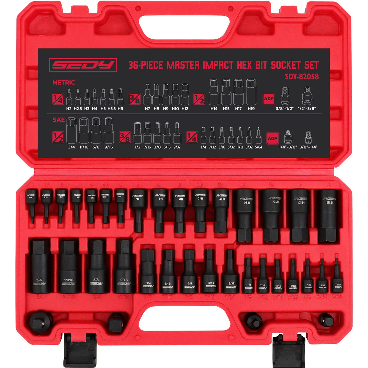 Hex Bit Impact Socket Set: 36-Piece with 4 Adapters, 1/4" 3/8" 1/2" Drive Master Allen Impact Socket Set, SAE and Metric, H5-H19 & 3/4"-5/64", Heavy Duty Storage Case, Automotive Mechanic