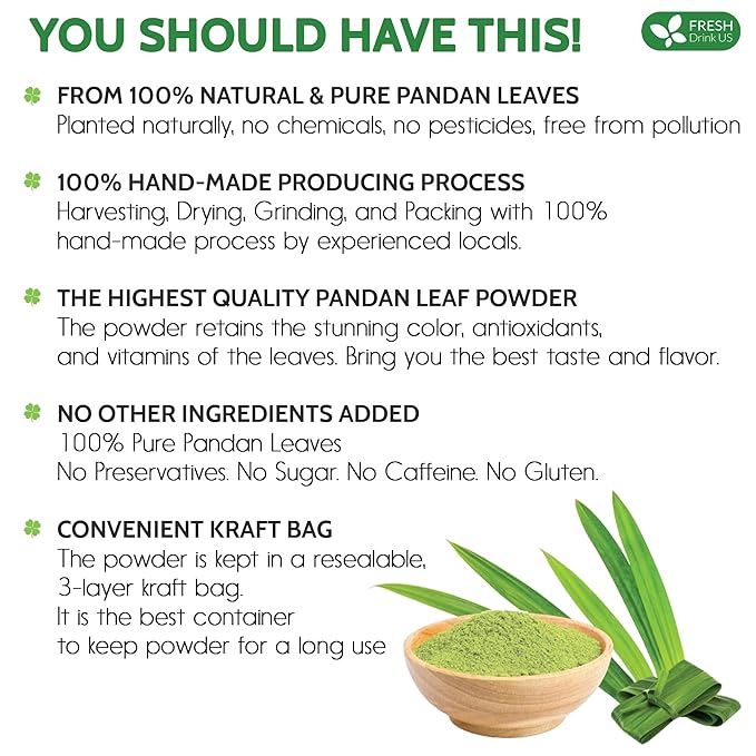 FreshDrinkUS, Premium 1.3oz Pandan Leaf Powder, 100% Natural and Pure from Pandan Dried Leaves, Emerald Pandan Powder, Green Food Coloring, No Additives, No Gluten, Vegan.