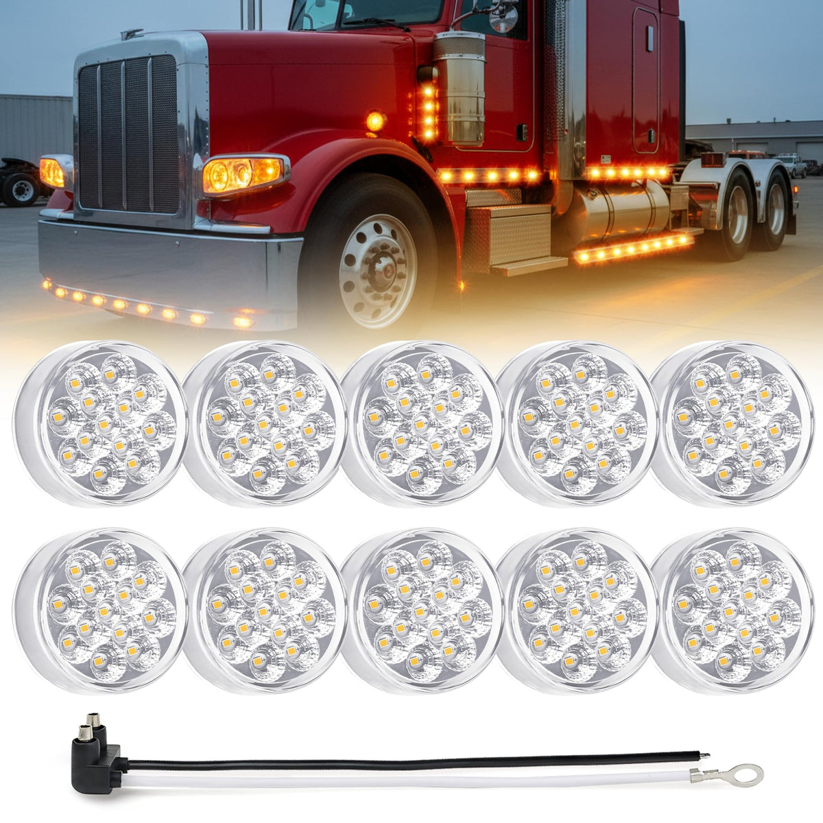 MADCATZ 10Pcs of 2.5    Mini Round Clear Lens Amber LED Marker Lights 13 Diodes w/2-Prong Pigtail, Sealed Waterproof 12V DC for