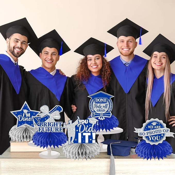 12pcs Graduation Table Decorations 2026,Silver and Blue Graduation Decorations 2026 Graduation Centerpieces for Tables,Class of 2026 Centerpieces Honeycomb for Congrats Grad Table Decor
