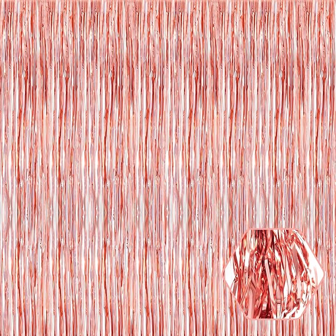 3 Pack Rose Gold Foil Fringe Curtain Backdrop, 3.28Ft x 6.6Ft Metallic Tinsel Foil Fringe Streamer Curtains for Photo Booth, Christmas Day, Thanksgiving, Wedding, New Year Party Decorations