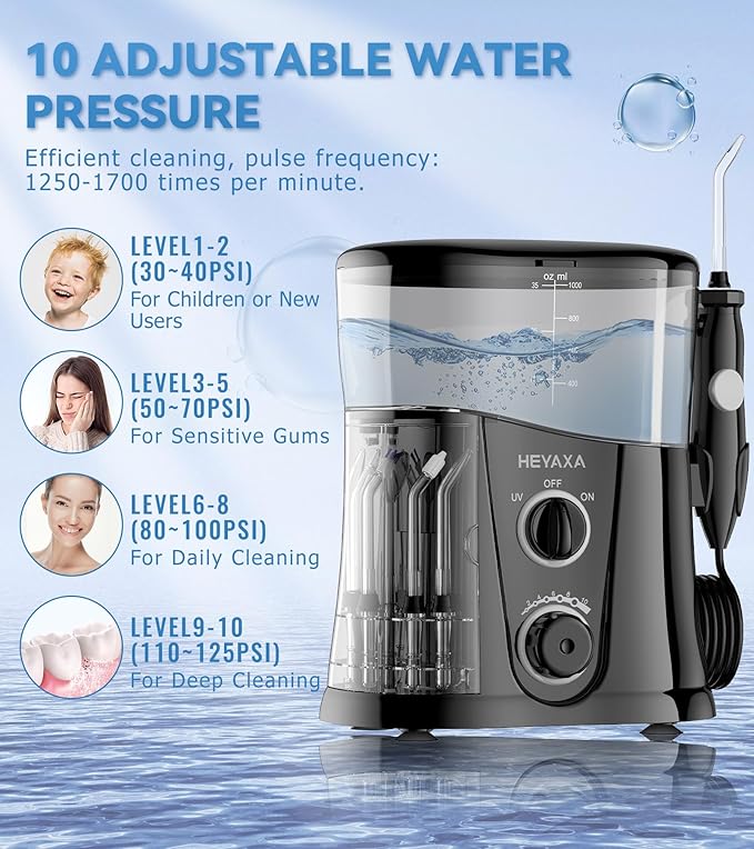 Water Dental Flosser for Teeth Cleaning with 1000ML Large Capacity and UV Storage, 10 Adjustable Pressure Electric Oral Irrigator with 7 Jet Tips, Gifts for Dental Health Seekers (Black)