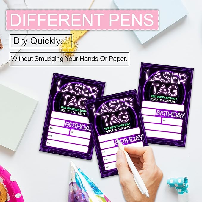 Laser Tag Birthday Party Invitations, Glow Neon Theme Invite Cards, 20 Count with Envelopes for Boys Girls Teen, 4 x 6 Double Sided Printed Fill In Blank Party Supplies- Purple