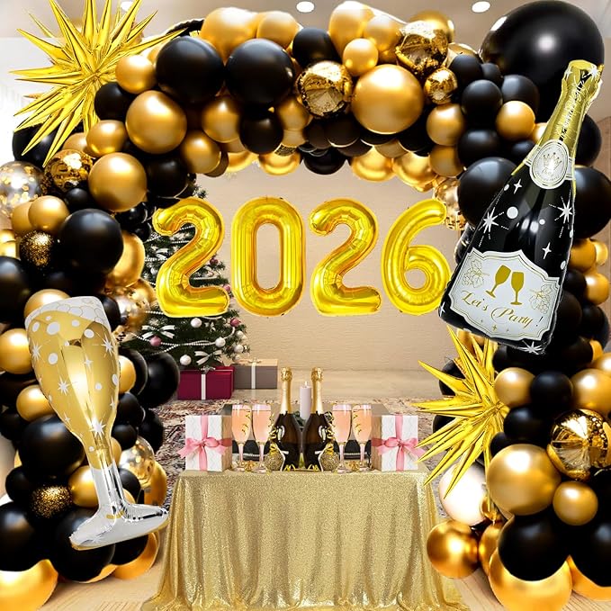 106 Pcs Gold Happy New Year Balloons, Huge Black Gold Champagne Bottle Goblet Aluminum Foil Balloons for New Years Eve Party Decorations Supplies Nye Decorations 2026