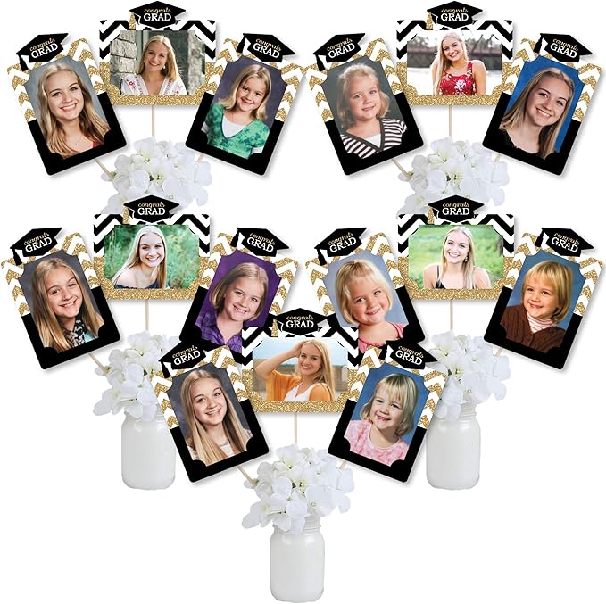 Graduation Photo Display Centerpiece Kit - 15 Double-Sided Photo Table Topper Sticks, Vertical and Horizontal 4x6 Picture Holders, DIY Party Decoration Set - Tassel Worth The Hassle- Gold
